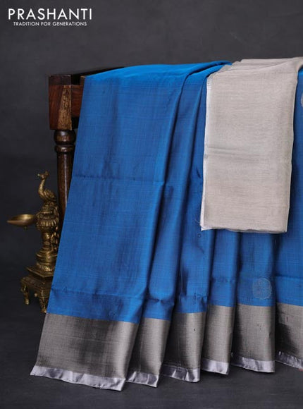 Pure uppada silk saree peacock blue and grey with silver zari woven coin buttas and silver zari woven border