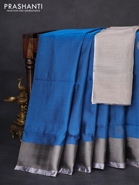 Pure uppada silk saree peacock blue and grey with silver zari woven coin buttas and silver zari woven border