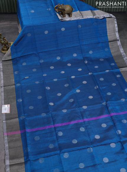 Pure uppada silk saree peacock blue and grey with silver zari woven coin buttas and silver zari woven border