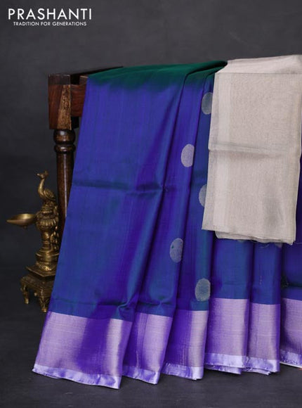 Pure uppada silk saree dual shade of bluish green with silver zari woven coin buttas and silver zari woven border