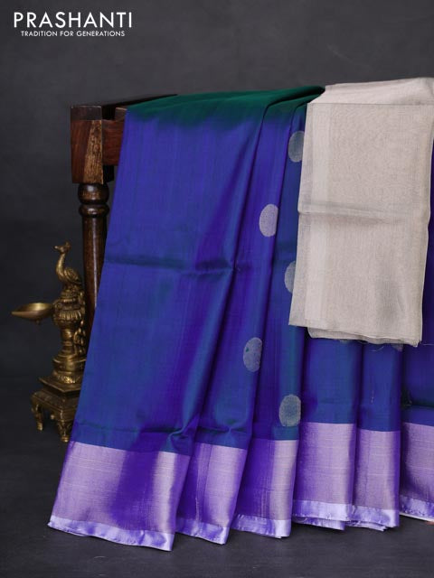 Pure uppada silk saree dual shade of bluish green with silver zari woven coin buttas and silver zari woven border