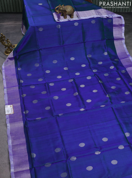 Pure uppada silk saree dual shade of bluish green with silver zari woven coin buttas and silver zari woven border