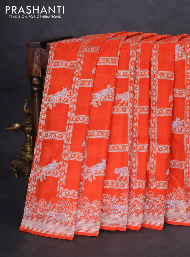Banarasi semi katan silk saree orange with allover silver & gold zari weaves and zari woven border