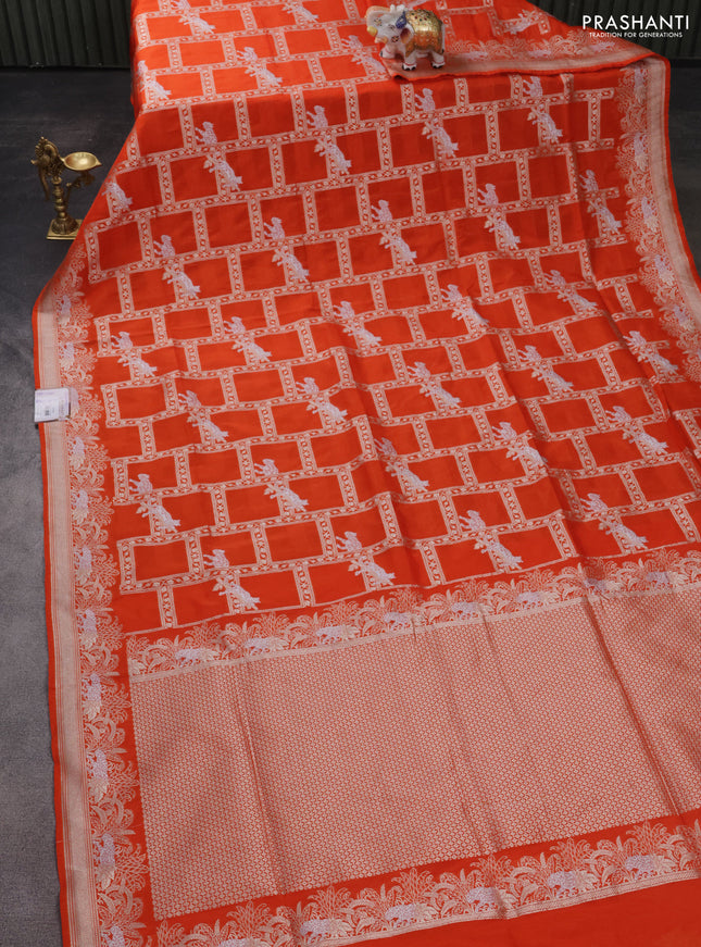 Banarasi semi katan silk saree orange with allover silver & gold zari weaves and zari woven border