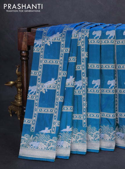 Banarasi semi katan silk saree dual shade of teal bluish green with allover silver & gold zari weaves and zari woven border