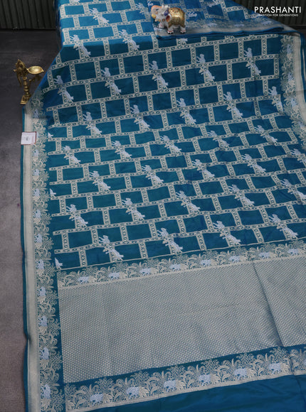 Banarasi semi katan silk saree dual shade of teal bluish green with allover silver & gold zari weaves and zari woven border