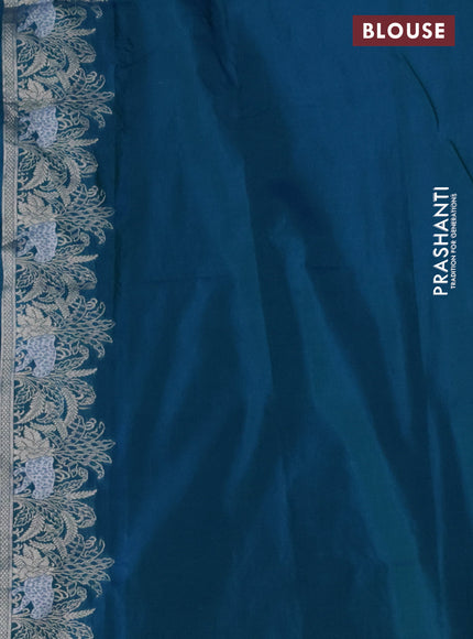 Banarasi semi katan silk saree dual shade of teal bluish green with allover silver & gold zari weaves and zari woven border