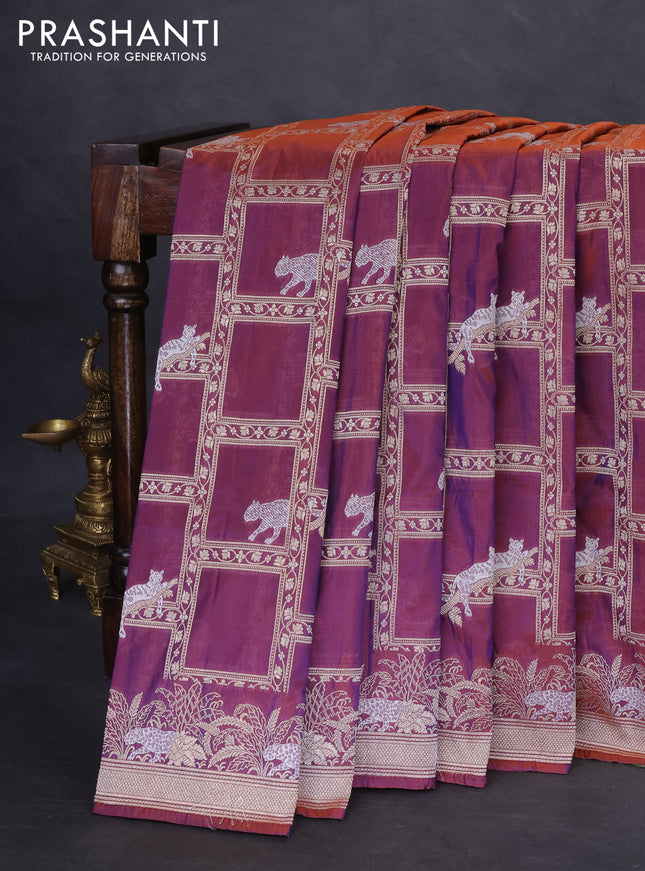 Banarasi semi katan silk saree dual shade of maroonish purple with allover silver & gold zari weaves and zari woven border