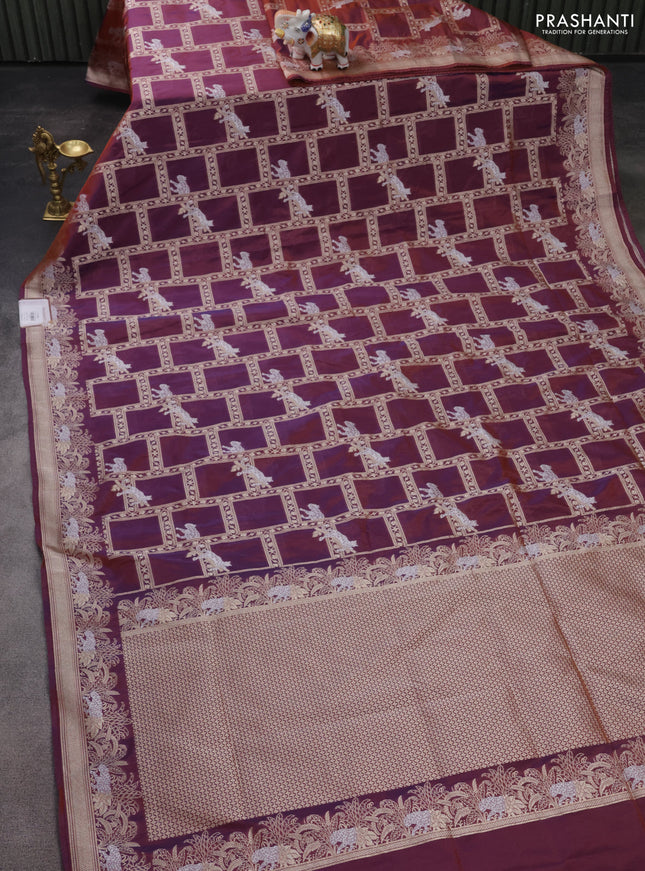 Banarasi semi katan silk saree dual shade of maroonish purple with allover silver & gold zari weaves and zari woven border