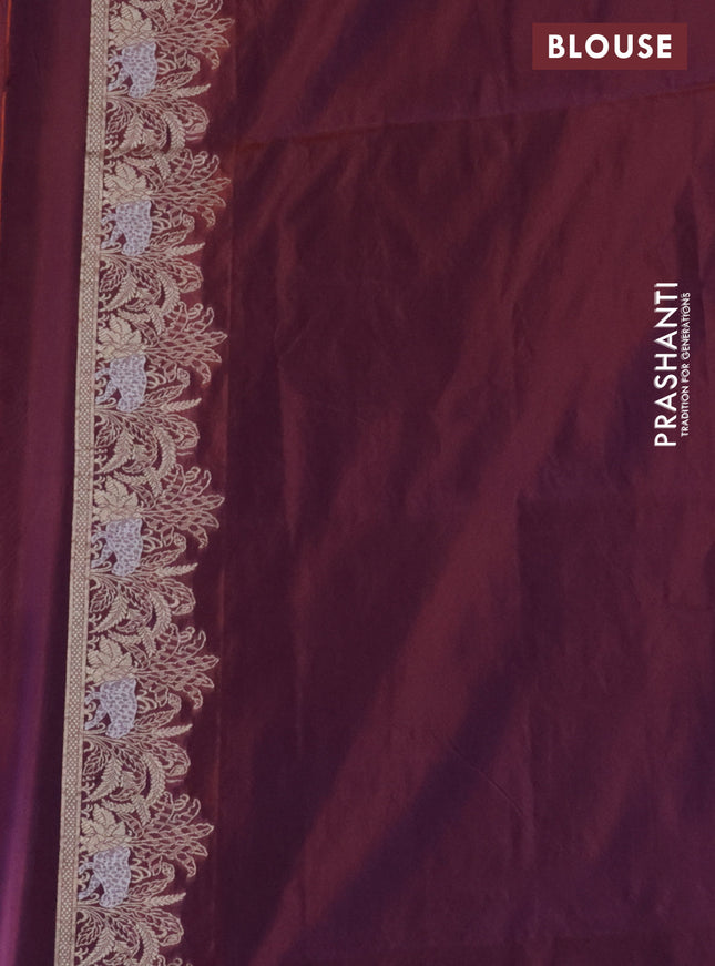 Banarasi semi katan silk saree dual shade of maroonish purple with allover silver & gold zari weaves and zari woven border