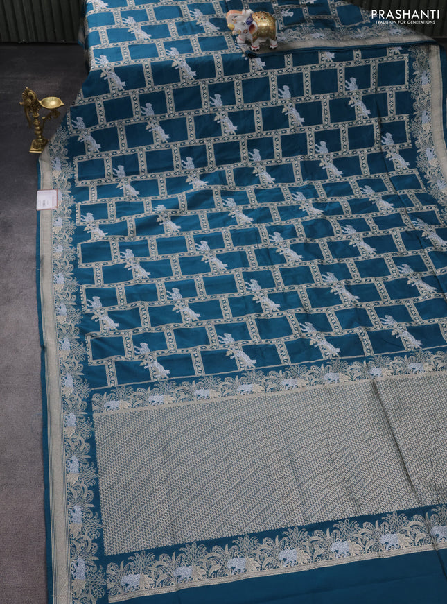 Banarasi semi katan silk saree peacock green with allover silver & gold zari weaves and zari woven border