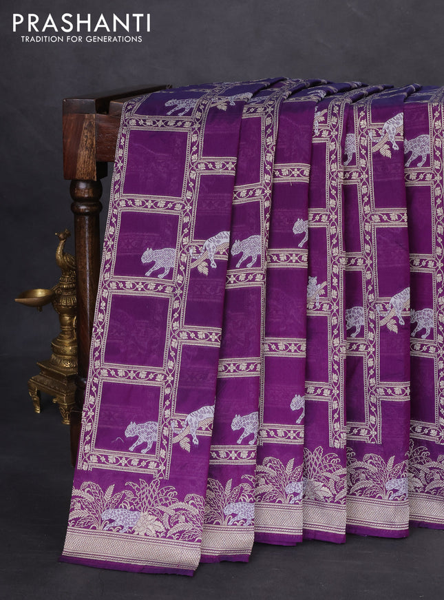 Banarasi semi katan silk saree violet with allover silver & gold zari weaves and zari woven border