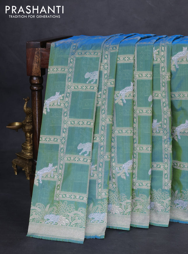 Banarasi semi katan silk saree dual shade of teal bluish green with allover silver & gold zari weaves and zari woven border