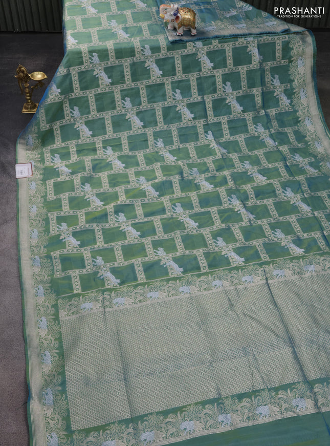 Banarasi semi katan silk saree dual shade of teal bluish green with allover silver & gold zari weaves and zari woven border