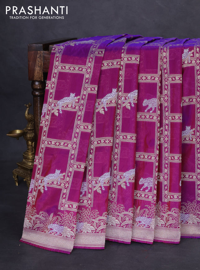 Banarasi semi katan silk saree purple with allover silver & gold zari weaves and zari woven border