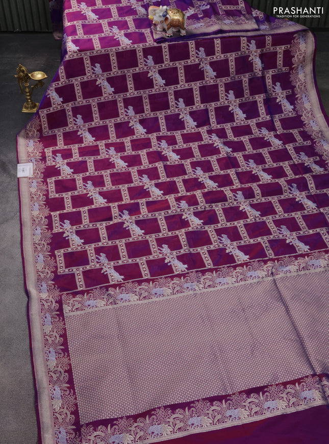 Banarasi semi katan silk saree purple with allover silver & gold zari weaves and zari woven border