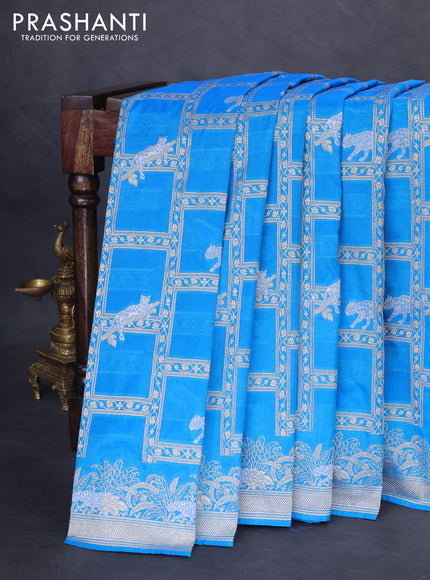 Banarasi semi katan silk saree cs blue with allover silver & gold zari weaves and zari woven border