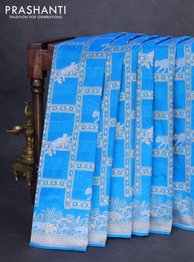 Banarasi semi katan silk saree cs blue with allover silver & gold zari weaves and zari woven border