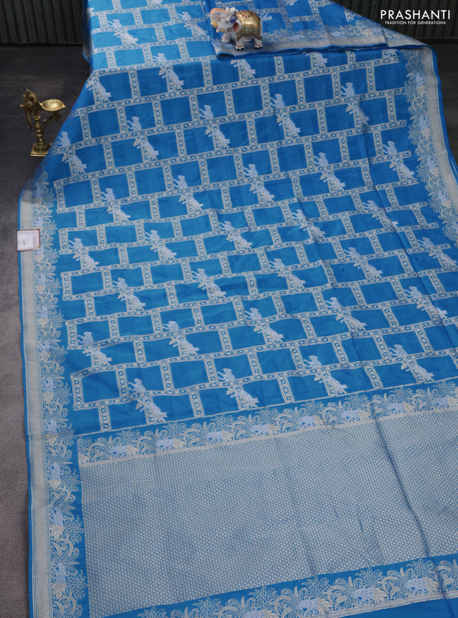 Banarasi semi katan silk saree cs blue with allover silver & gold zari weaves and zari woven border