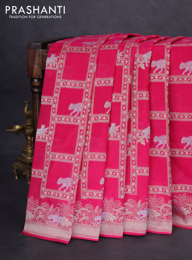 Banarasi semi katan silk saree pink with allover silver & gold zari weaves and zari woven border