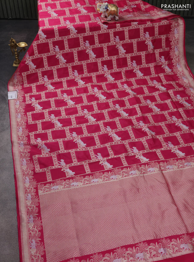 Banarasi semi katan silk saree pink with allover silver & gold zari weaves and zari woven border