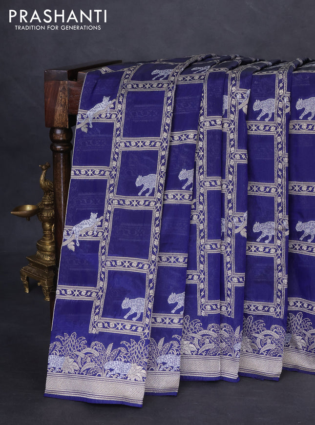 Banarasi semi katan silk saree dark blue with allover silver & gold zari weaves and zari woven border