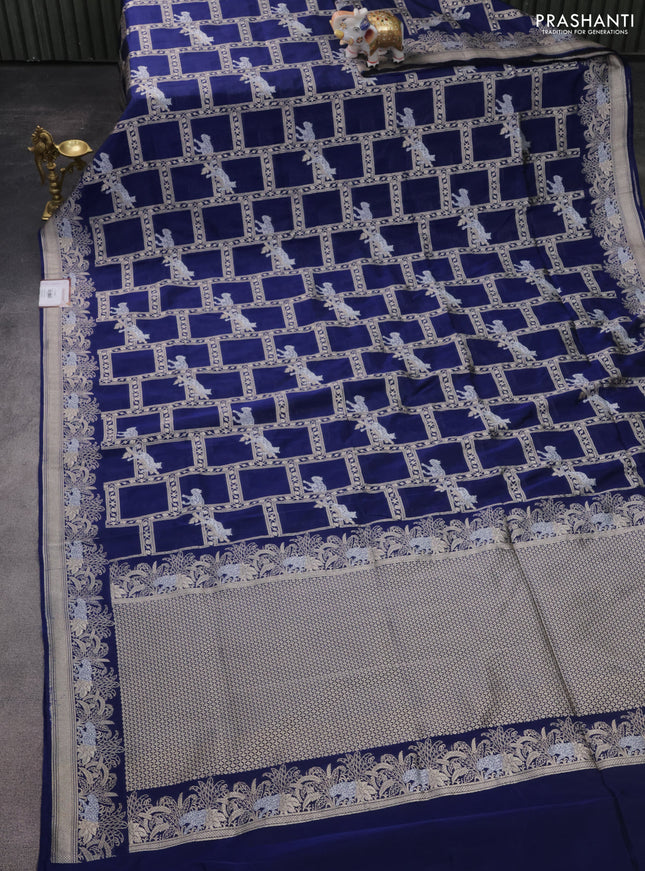 Banarasi semi katan silk saree dark blue with allover silver & gold zari weaves and zari woven border