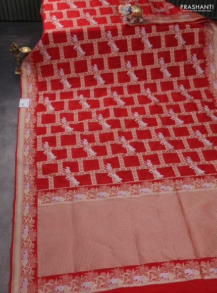 Banarasi semi katan silk saree red with allover silver & gold zari weaves and zari woven border