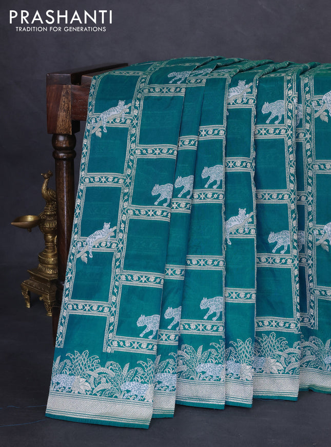 Banarasi semi katan silk saree teal green shade with allover silver & gold zari weaves and zari woven border