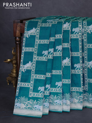 Banarasi semi katan silk saree teal green shade with allover silver & gold zari weaves and zari woven border