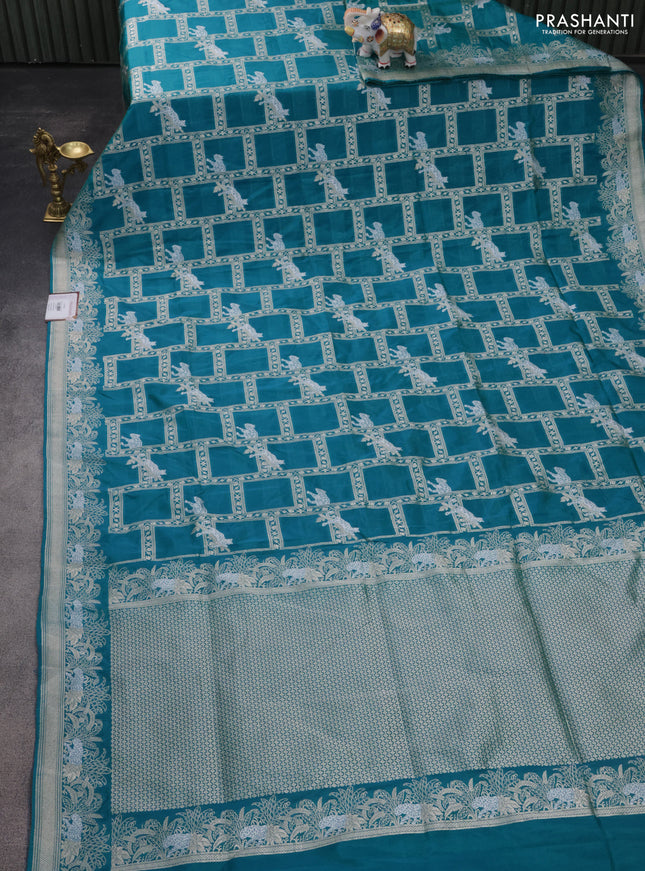 Banarasi semi katan silk saree teal green shade with allover silver & gold zari weaves and zari woven border