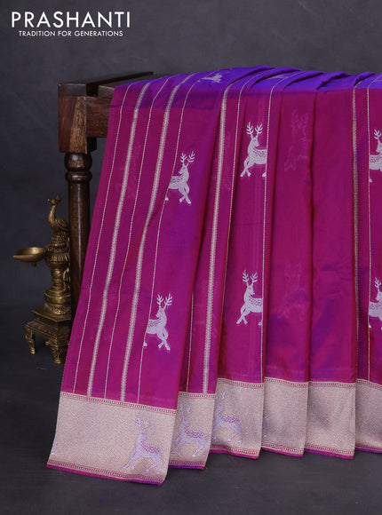 Banarasi semi katan silk saree purple with allover silver & gold zari weaves and deer design zari woven border