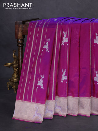 Banarasi semi katan silk saree purple with allover silver & gold zari weaves and deer design zari woven border