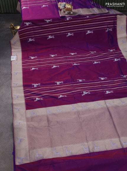 Banarasi semi katan silk saree purple with allover silver & gold zari weaves and deer design zari woven border