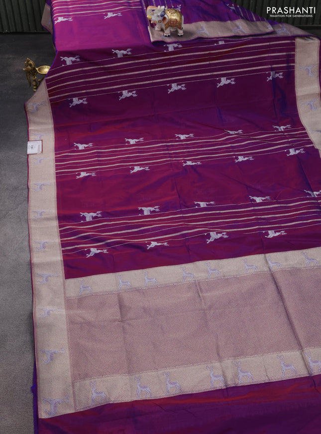Banarasi semi katan silk saree purple with allover silver & gold zari weaves and deer design zari woven border
