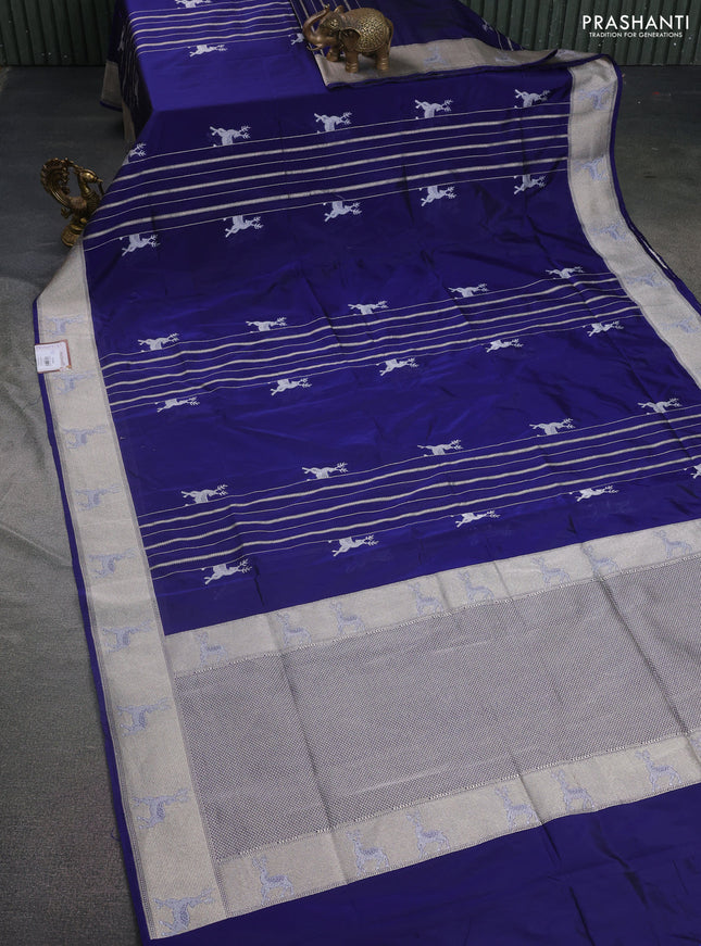 Banarasi semi katan silk saree dark blue with allover silver & gold zari weaves and deer design zari woven border
