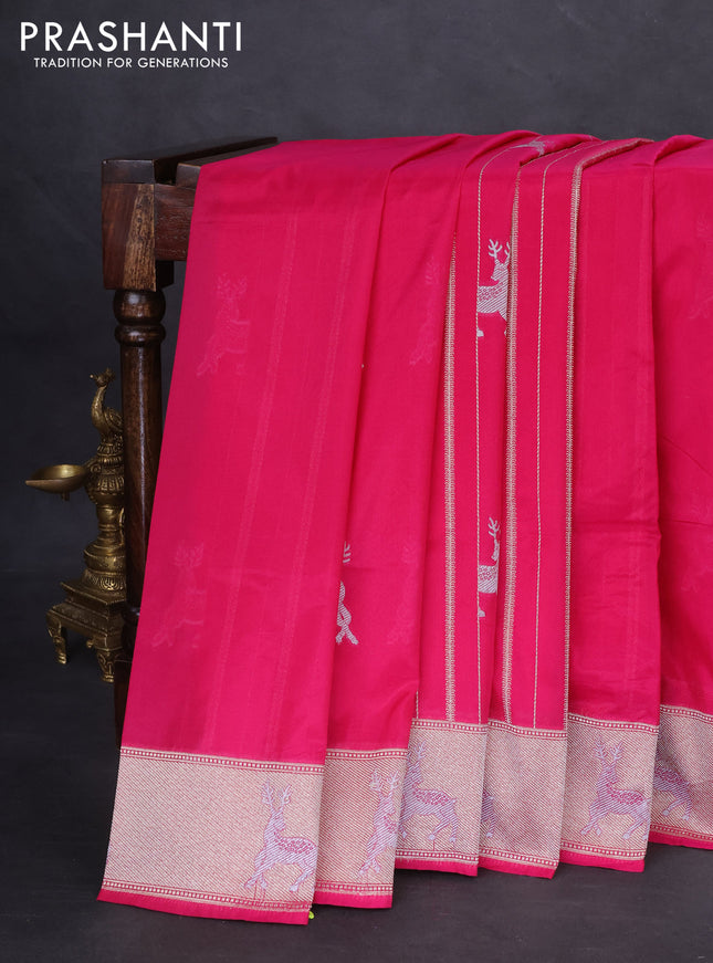 Banarasi semi katan silk saree pink with allover silver & gold zari weaves and deer design zari woven border