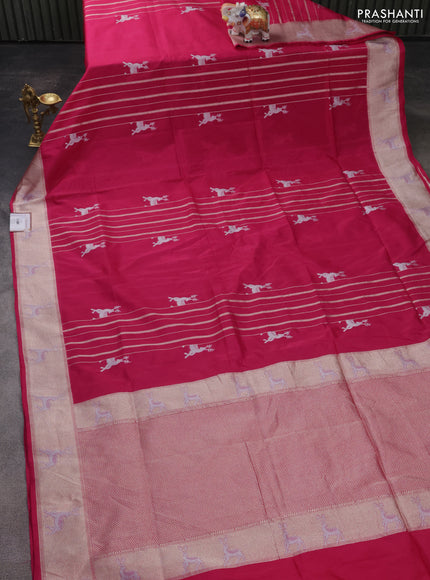 Banarasi semi katan silk saree pink with allover silver & gold zari weaves and deer design zari woven border