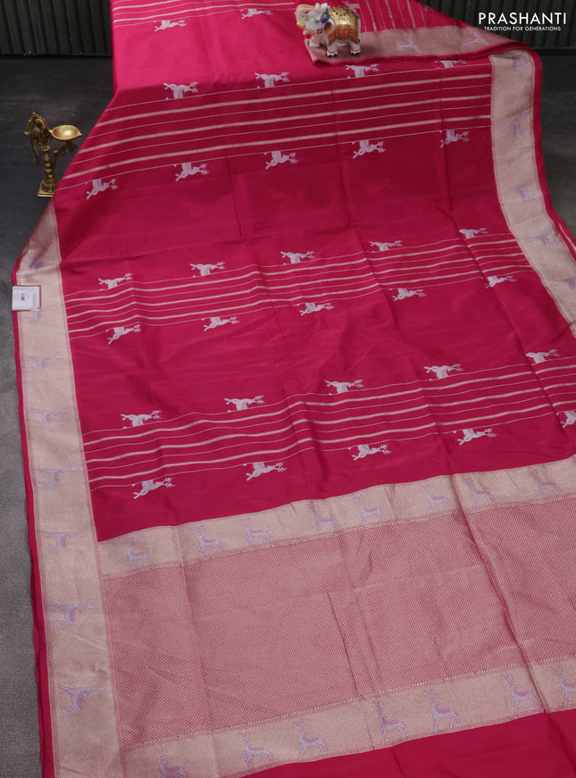 Banarasi semi katan silk saree pink with allover silver & gold zari weaves and deer design zari woven border