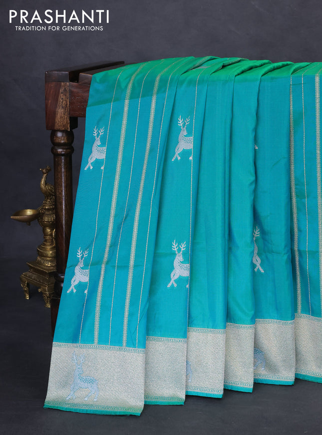 Banarasi semi katan silk saree teal green with allover silver & gold zari weaves and deer design zari woven border