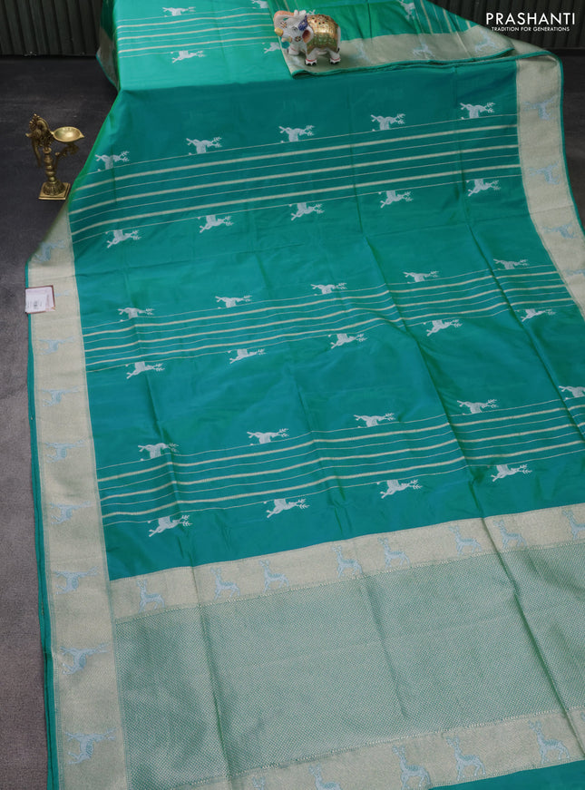 Banarasi semi katan silk saree teal green with allover silver & gold zari weaves and deer design zari woven border