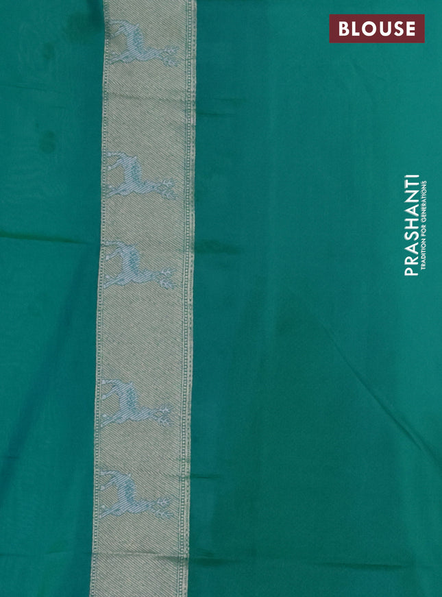 Banarasi semi katan silk saree teal green with allover silver & gold zari weaves and deer design zari woven border