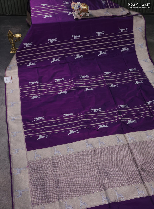 Banarasi semi katan silk saree purple with allover silver & gold zari weaves and deer design zari woven border