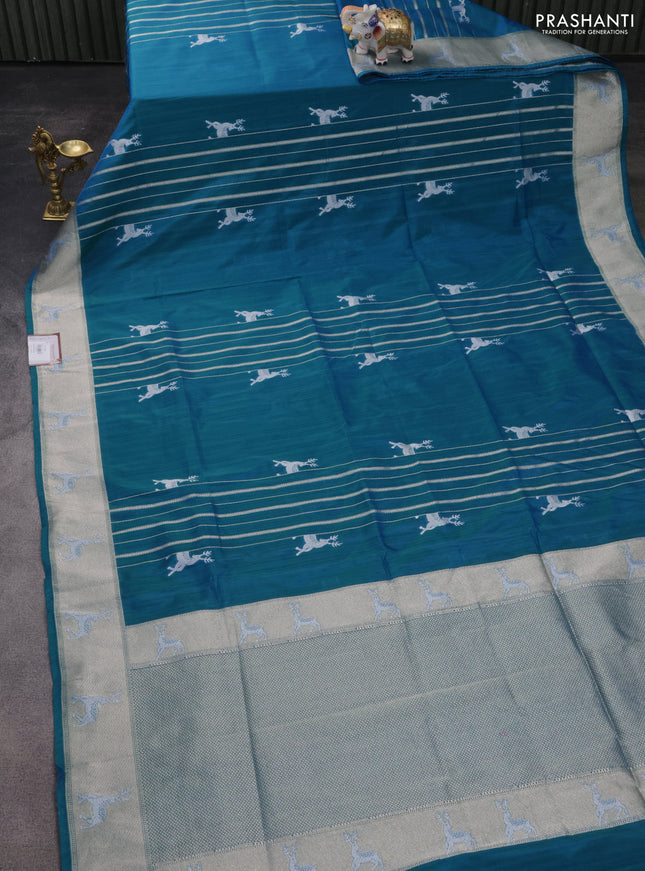 Banarasi semi katan silk saree dual shade of teal bluish green with allover silver & gold zari weaves and deer design zari woven border