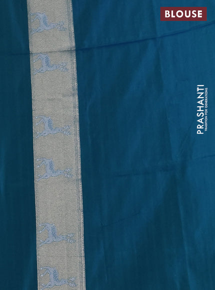 Banarasi semi katan silk saree dual shade of teal bluish green with allover silver & gold zari weaves and deer design zari woven border