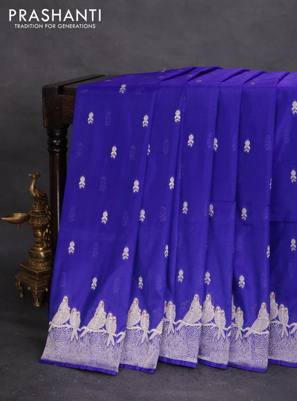 Banarasi semi katan silk saree royal blue with allover zari woven buttas and parrot design zari woven border
