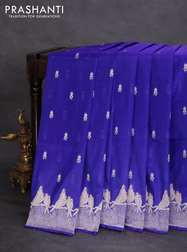 Banarasi semi katan silk saree royal blue with allover zari woven buttas and parrot design zari woven border