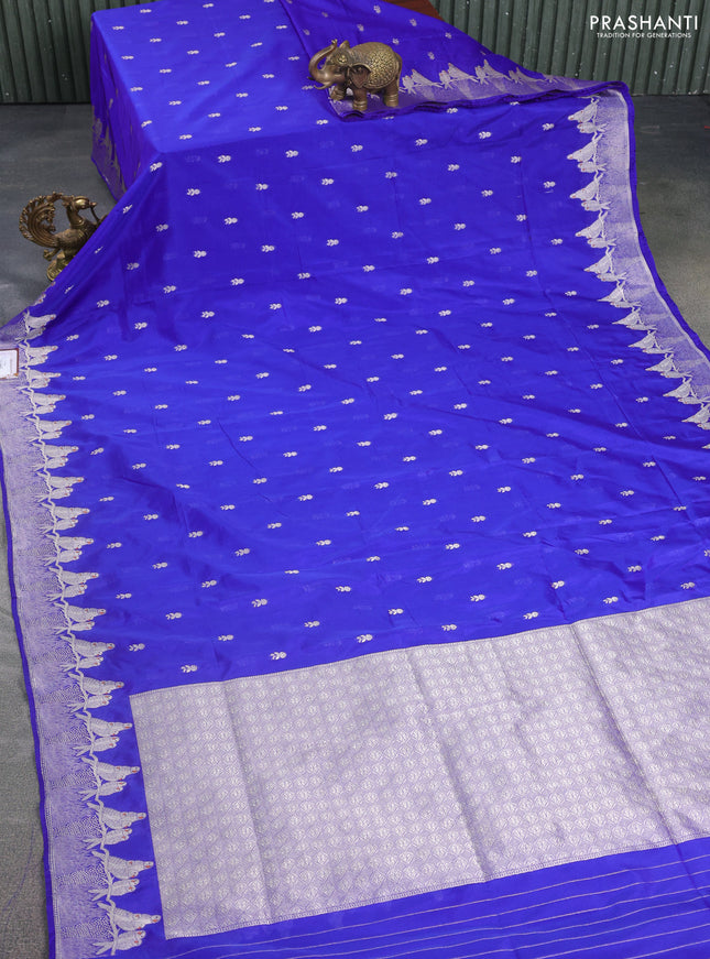 Banarasi semi katan silk saree royal blue with allover zari woven buttas and parrot design zari woven border