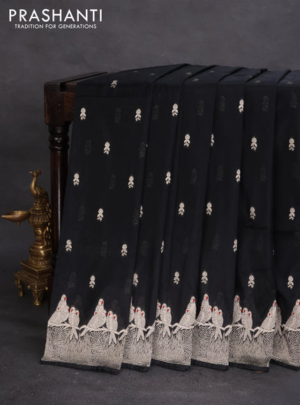 Banarasi semi katan silk saree black with allover zari woven buttas and parrot design zari woven border