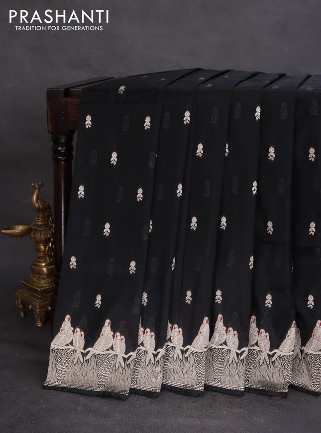 Banarasi semi katan silk saree black with allover zari woven buttas and parrot design zari woven border